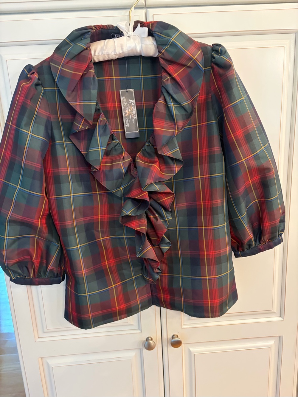 American Living Red & Green Plaid Ruffle Blazer